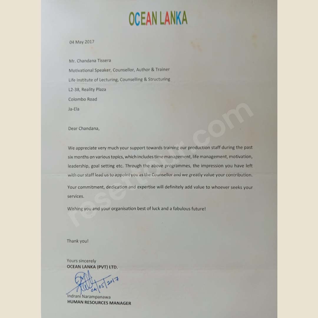 Counsellor & Corporate Trainer, Ocean Lanka (Pvt) Ltd