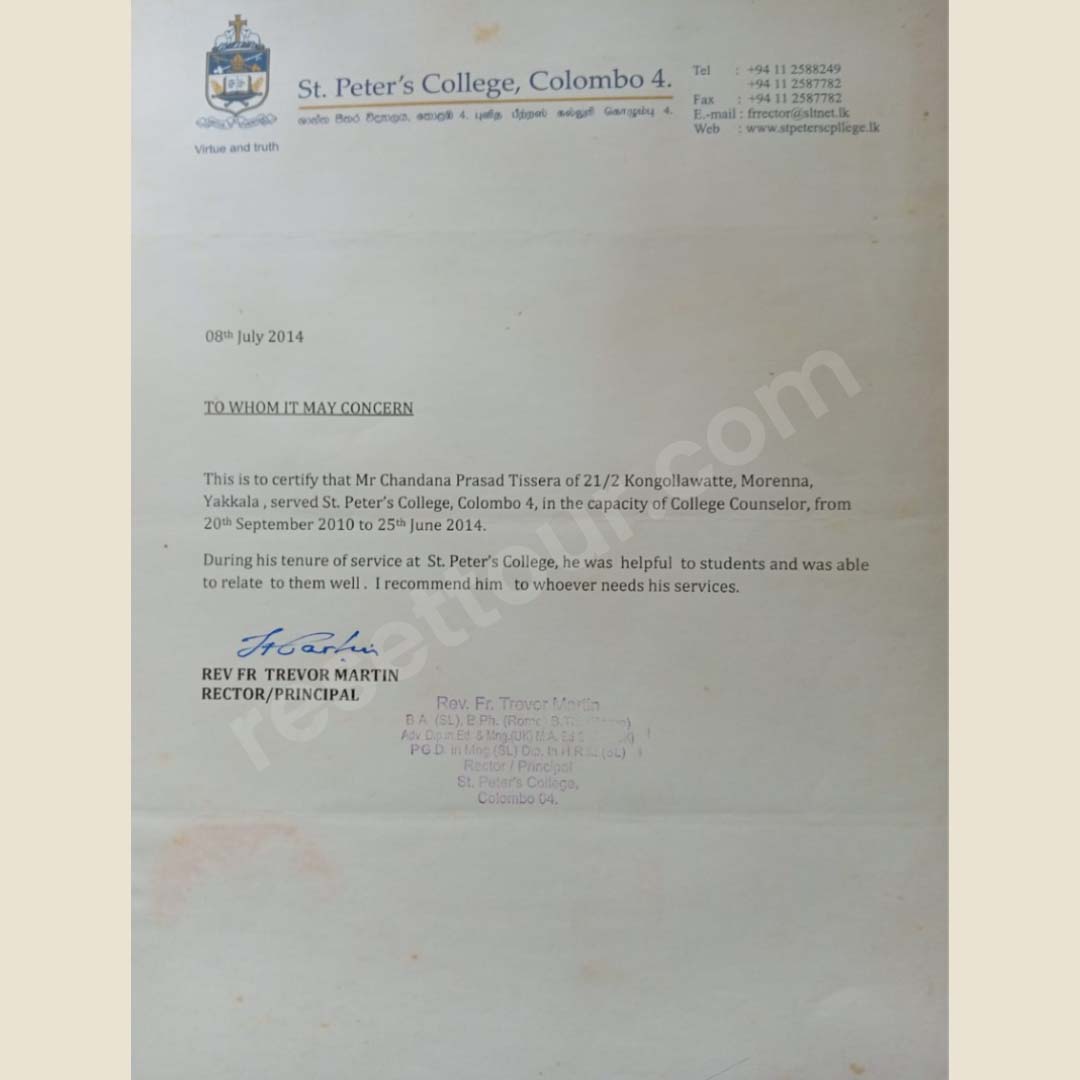 College Counselor, St. Peter's College, Colombo
